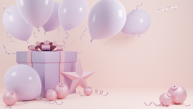 Feiertagsweihnachts- und Frohes neues Jahr Pastellrosa Farbhintergrund mit einer Geschenkbox und Ballon., 3D-Modell und Illustration.