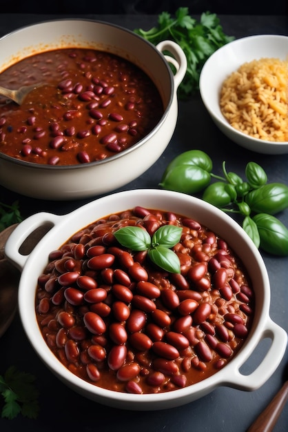 Foto feijão cozido em um molho de tomate temperado