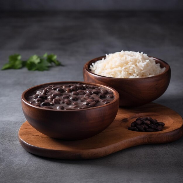 Feijão preto e arroz em tigela de madeira