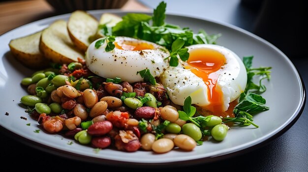 Foto feijão saudável com legumes e ovo cozido em um prato