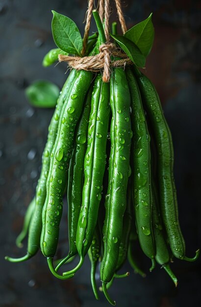 Feijão verde em fundo escuro com gotas de água