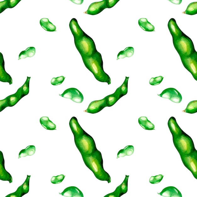 Feijão verde legume aquarela sem costura padrão em branco
