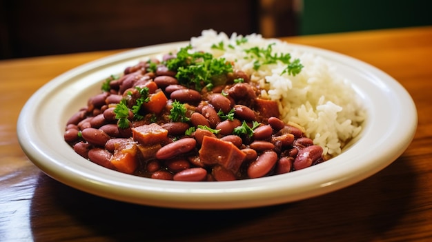 Feijão vermelho e arroz feijão de rim cozido lentamente com carne de porco e especiarias