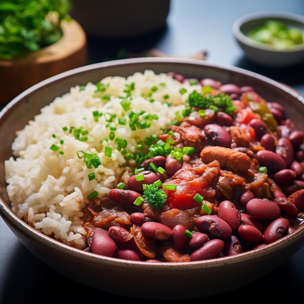 Foto feijão vermelho e arroz feijão de rim cozido lentamente com carne de porco e especiarias