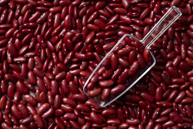 Foto feijão vermelho em colher de plástico e uma torta de feijão vermelho foto de estúdio