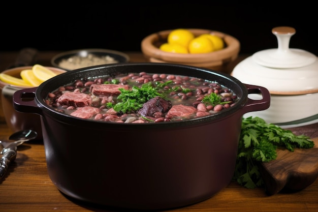 Foto feijoada al fuego en una tradicional olla negra