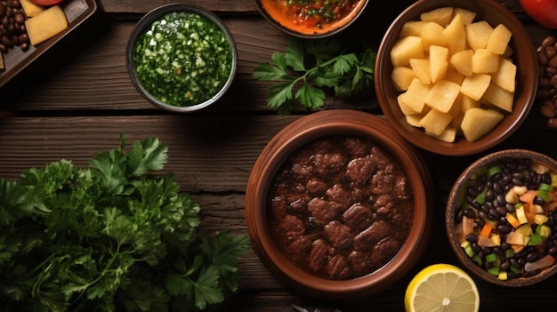 Foto feijoada brasileira alimentação visão superior cozinha sul-americana design de alimentos ingredientes e tigela