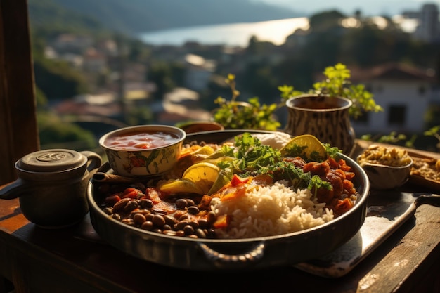 Feijoada em um almoço de domingo em uma varanda com vista para a costa do Rio de Janeiro