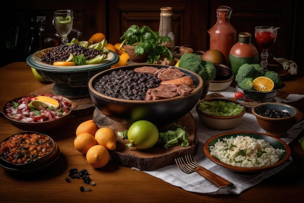 Feijoada suculenta e caipirinha colorida em uma mesa brasileira generativa ia