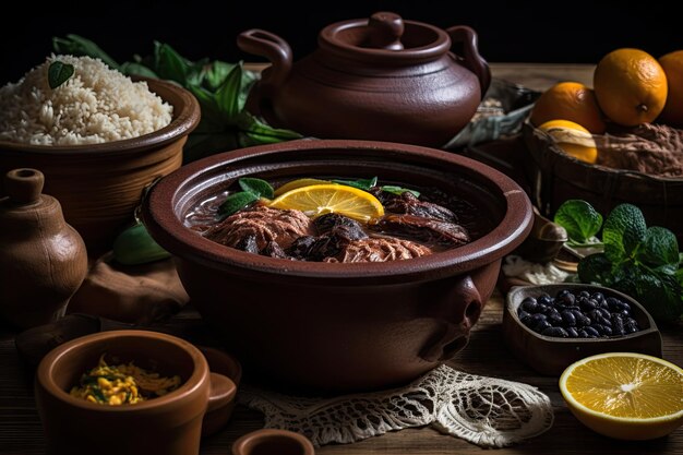 Foto feijoada tradicional brasileira em uma mesa rústica