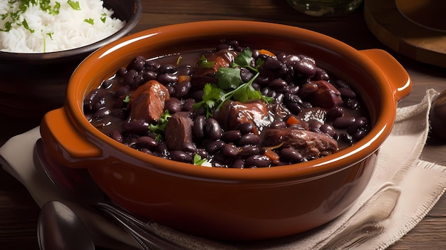 Foto feijoada tradicional brasileña con frijoles negros cerdo arroz yuca y naranja vista superior sobre mesa de madera ai generativo