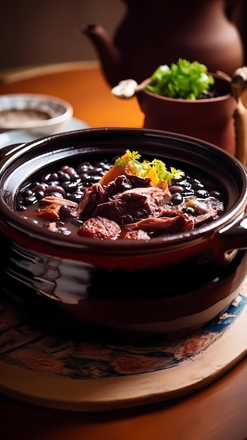 Feijoada tradicional brasileña con frijoles negros cerdo arroz yuca y naranja vista superior sobre mesa de madera disparo vertical ai generativo