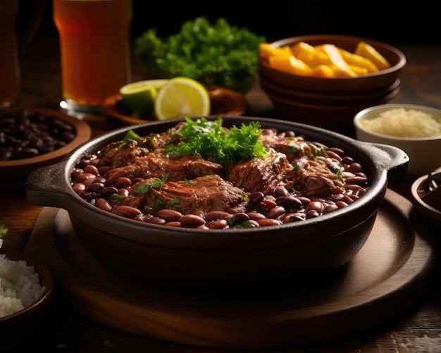 Foto feijoada um guisado brasileiro de feijão preto com carne de porco e legumes servido com arroz ia generativa