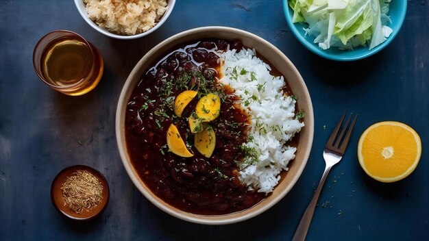 Foto feijoada um prato tradicional brasileiro que vai com arroz farofa repolho e caipirinha