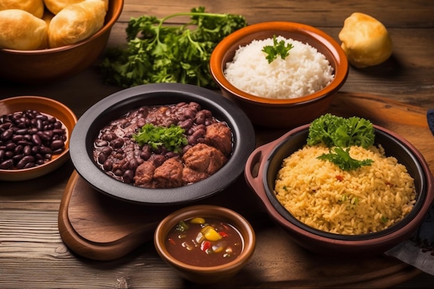 Feijoada und Beilagen wie Cassava Reis Bohnen Farofa Gewürze und Salat traditionelle brasilianische Küche zum Mittag- oder Abendessen generative ai