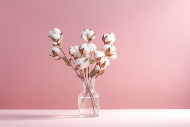 Feine Baumwollblumenzweige in einer minimalistischen Vase auf einem ruhigen Tisch, der viel Platz für kreative Kopien bietet