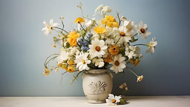 Feine Gänseblümchen und Wildblumen, kunstvoll in einer Vintage-Vase angeordnet