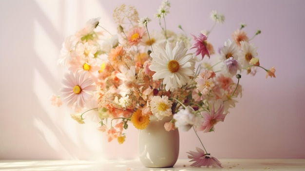 Feine Gänseblümchen und Wildblumen, kunstvoll in einer Vintage-Vase angeordnet