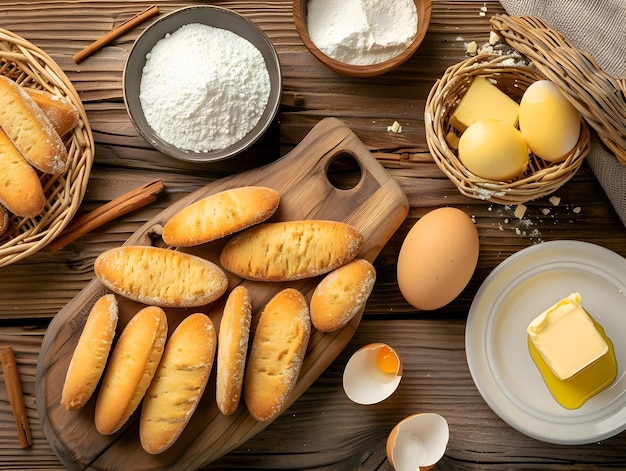 Feine trockene Kekse mit Eiern, Mehl und Butter auf einem Holztisch von hoher Qualität