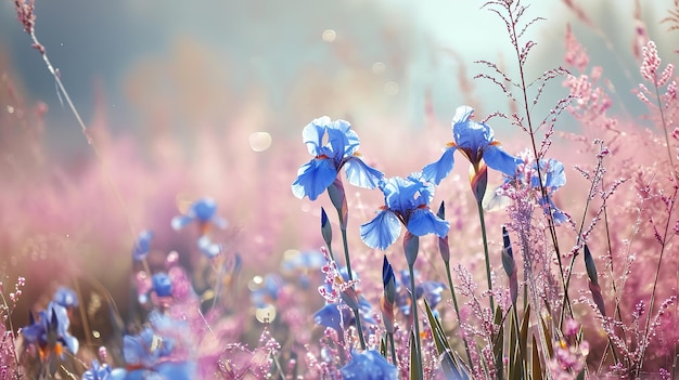 Feine weiche pastellblaue Blüten im morgendlichen Nebel hellblaue Iris auf einem wilden Feld im Rosa