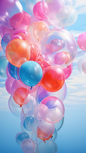 Foto feiner hintergrund mit roten ballons in helllila und himmelblauen farben