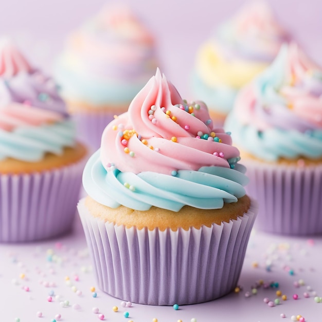 Feinschmecker-Cupcakes mit weißem Buttercreme-Zuckerguss und Streuseln auf Holzhintergrund