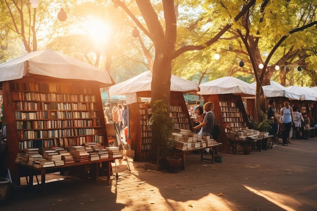 Foto feira de livros ao ar livre iluminada pelo sol