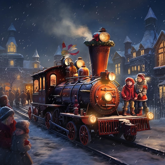 feira noturna mágica de Natal com casa iluminada, roda gigante e queda de neve