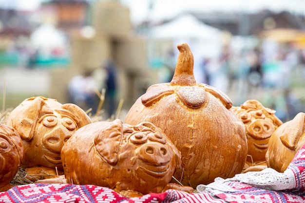 Feira rural de outono Bolos de Halloween em forma de abóbora e porcos