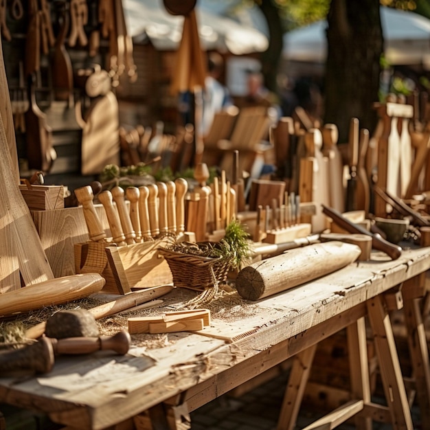Feira Tradicional de Madeira da Letônia Mesa de madeira com ferramentas Imagem
