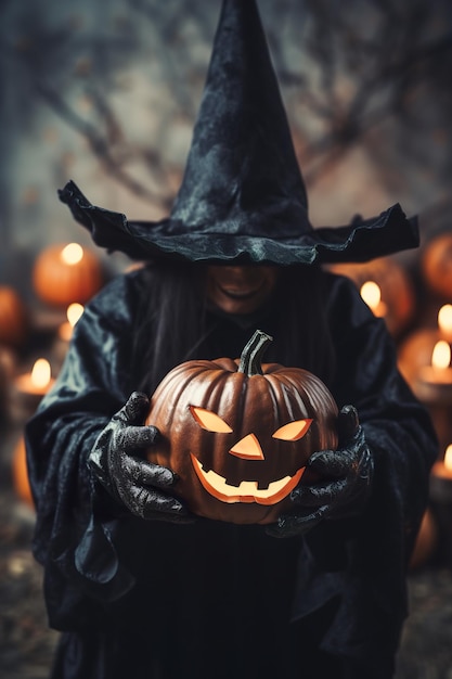 Feiticeira assustadora com Jack O'Lantern Close uo view Feliz Halloween Mulher mística Truque ou tratamento IA generativa