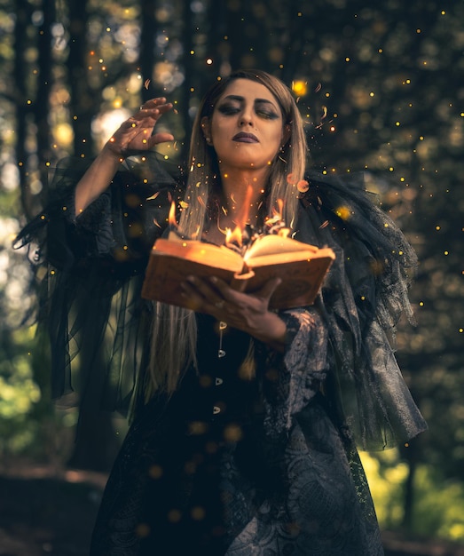 Foto feiticeira cativante em uma misteriosa floresta de halloween conjurando magia com um livro de feitiços em chamas em um sp