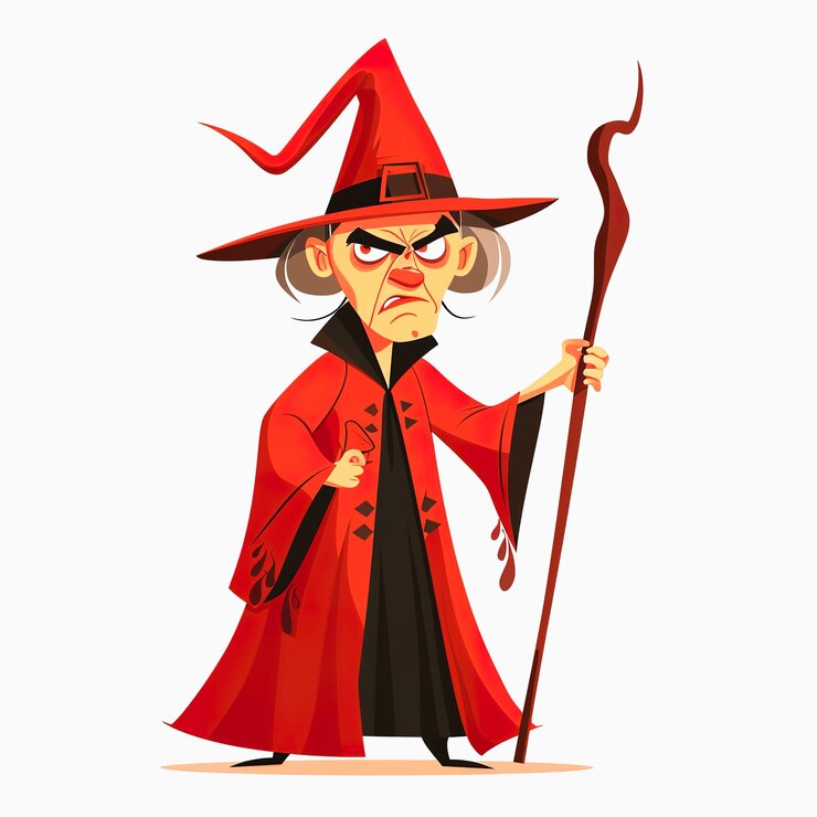 Foto feiticeira de desenho animado com chapéu vermelho e túnica segurando um bastão