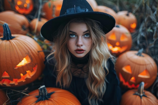 Feiticeira encantadora cercada por abóboras brilhantes em uma encantadora cena de outono