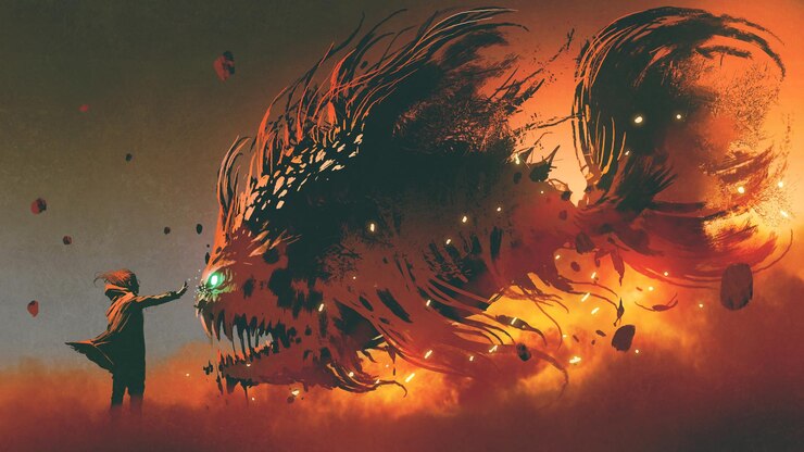Foto feiticeiro convocando criatura peixe gigante com magia de fogo, estilo de arte digital, pintura de ilustração