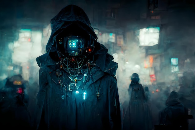 Feiticeiro cyberpunk do cybermage escuro em um manto com uma arte gerada pela rede neural do capuz