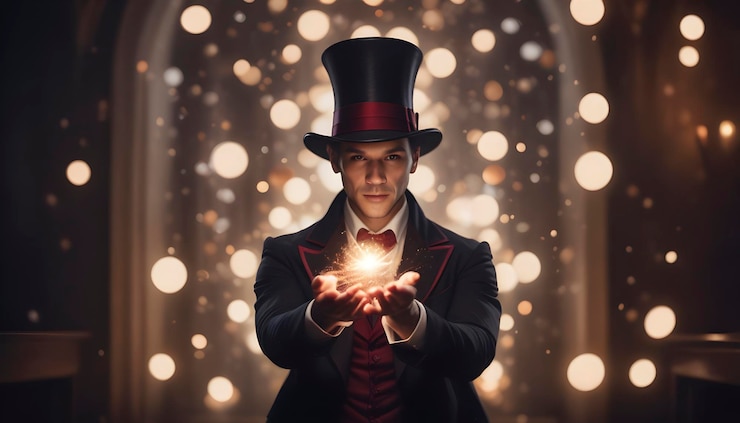 Foto feiticeiro de faíscas mágicas com encantamento de conjurar chapéu