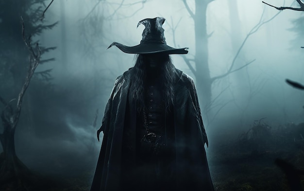 Feiticeiro escuro com chapéu pontiagudo e casaco na floresta