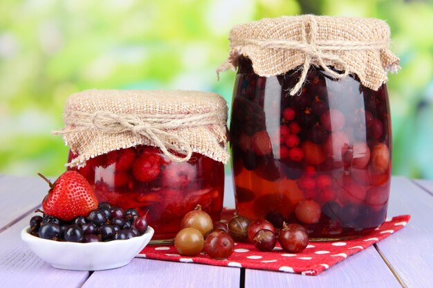 Feito em casa, geléia de frutas vermelhas na mesa de madeira com fundo brilhante