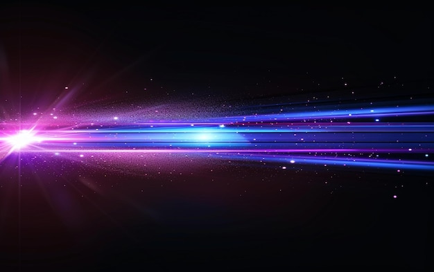 Feixes azuis e violetas de luz laser brilhante brilhando sobre um fundo preto