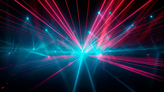 Feixes de luz neon a laser vermelho e azul piscam e brilham Generative AI
