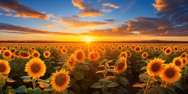 Feld blühender Sonnenblumen auf einem Hintergrundsonnenuntergang Generative KI