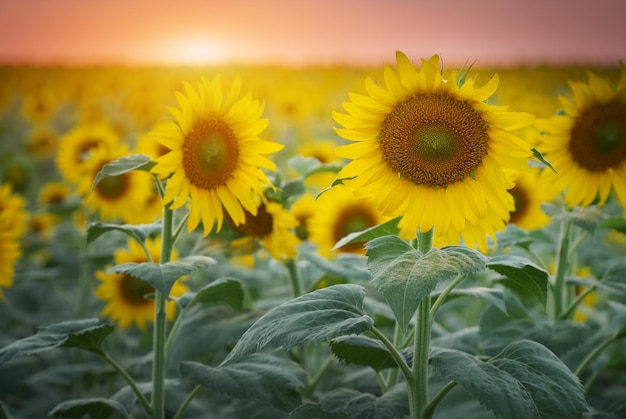 Feld der blühenden Sonnenblumen auf dem Sonnenuntergang