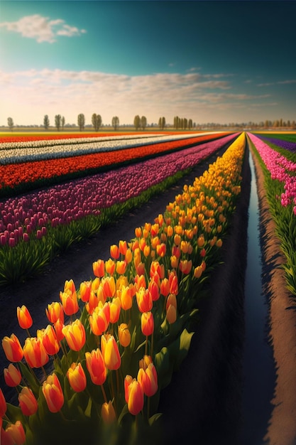 Feld gefüllt mit vielen verschiedenen farbigen Tulpen generative ai