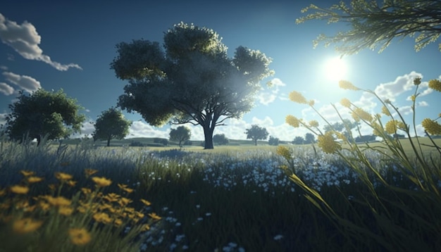 Feld mit Blumen, Bäumen, blauem Himmel und einer strahlenden Sonne