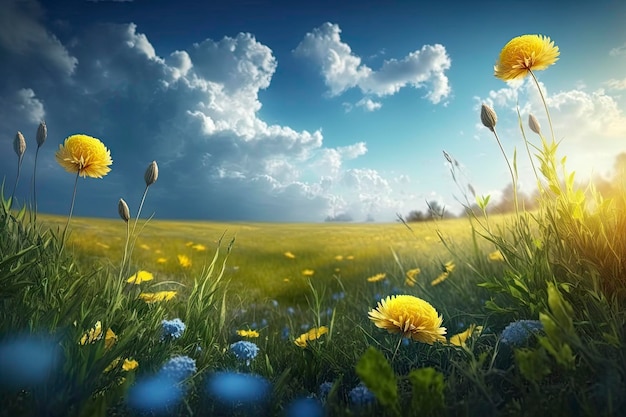 Feld mit gelben Blumen und blauem Himmel