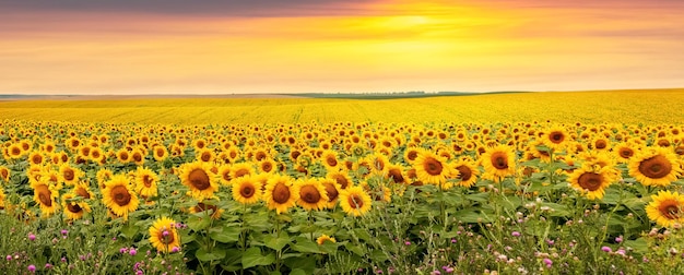 Feld mit gelben Sonnenblumen und malerischem bewölktem Himmel über dem Feld bei Sonnenuntergang