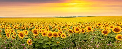 Feld mit gelben sonnenblumen und malerischem bewölktem himmel über dem feld bei sonnenuntergang