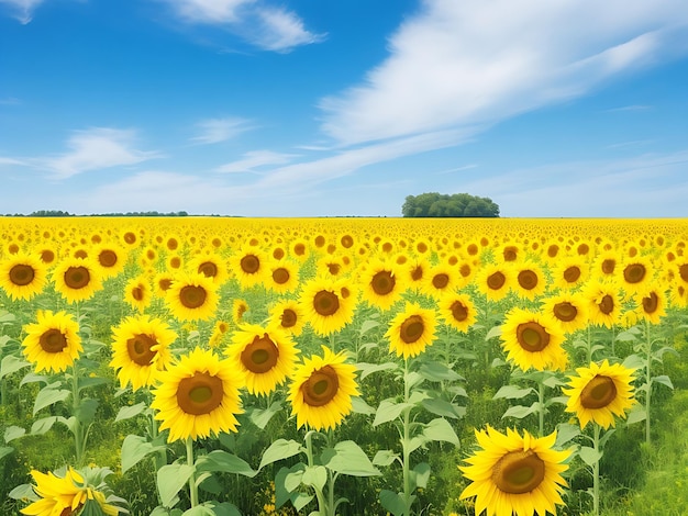 Feld mit gelben Sonnenblumen, wunderschöne Sommerlandschaft, KI-generiertes Bild