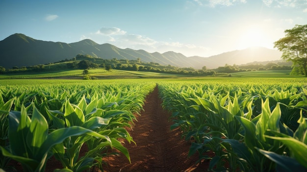 Feld mit grünem Mais an sonnigen Sommertagen Ländliches Maisfeld oder Maisplantage